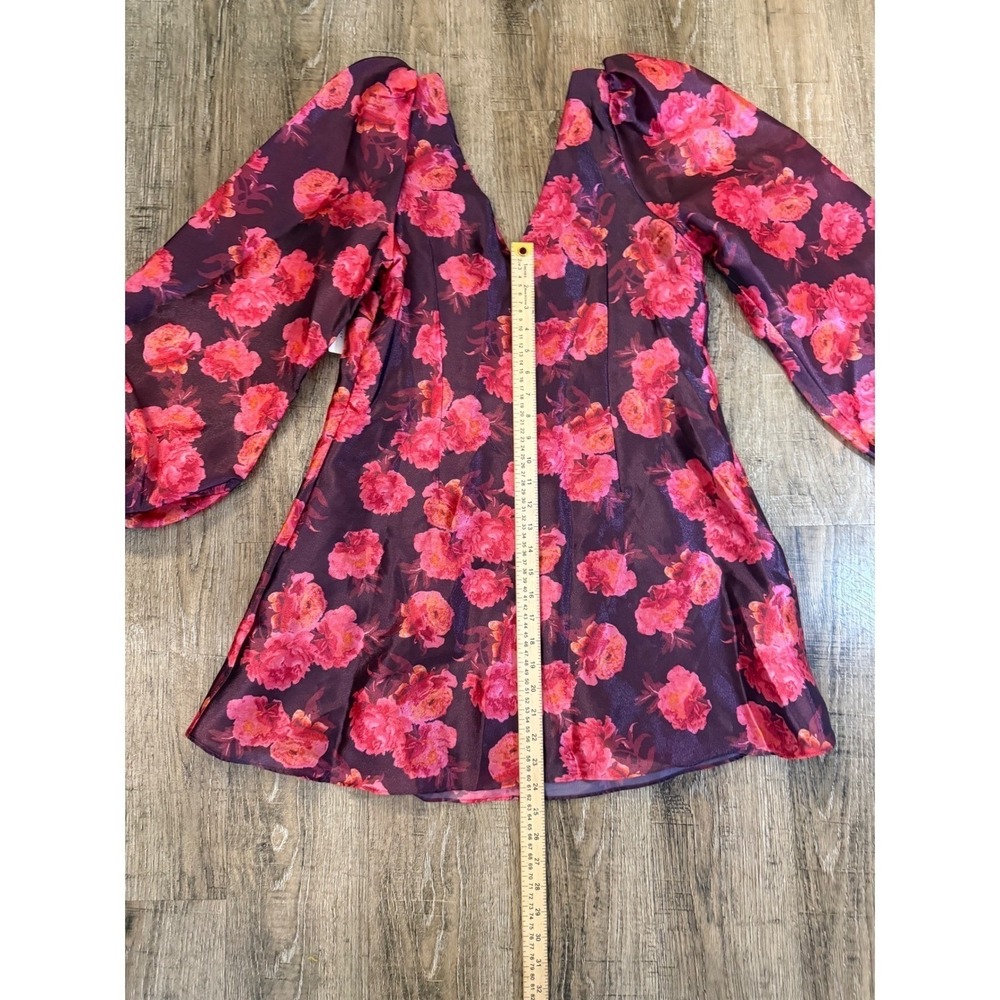 BHLDN Floral Puff Sleeve Mini Dress Plum Pink V-Neck Pockets Size xs $198 Retail - Picture 3 of 10
